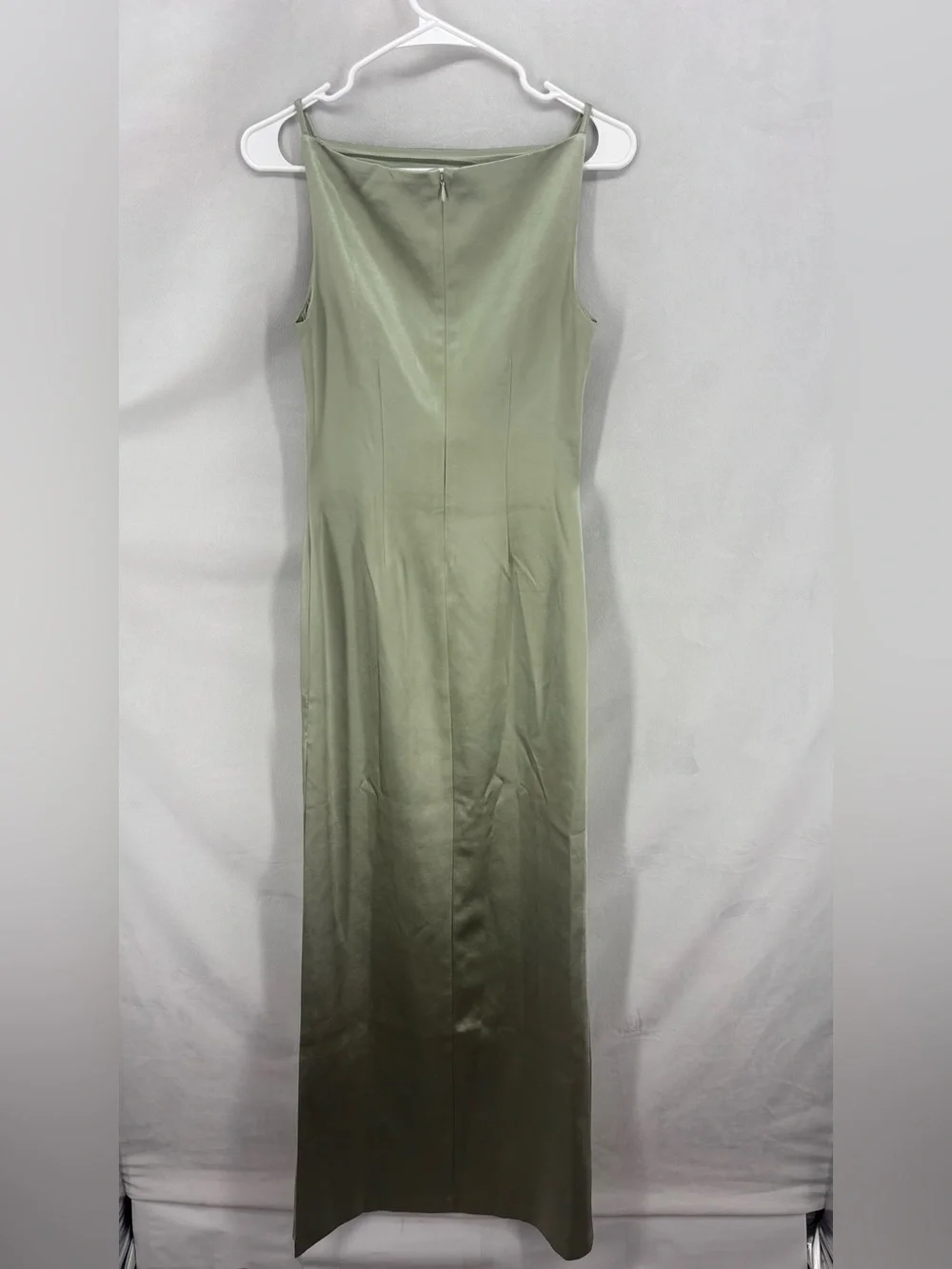 Meshki Sage Green Satin Maxi Dress Sleeveless Boat Neck Elegant Gown Small - Picture 3 of 10